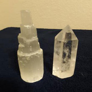Selenite left, clear Quartz right