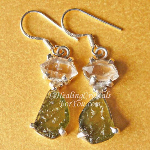 Moldavite & Herkimer Diamond Earrings